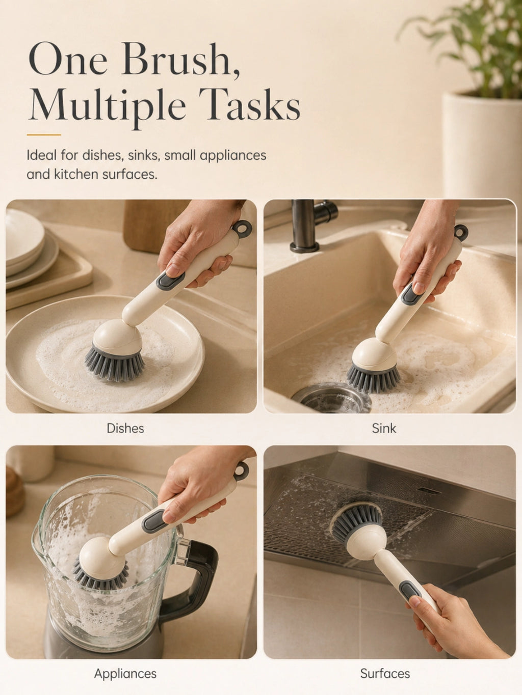 Adjustable soap dispensing dish brush with refillable handle