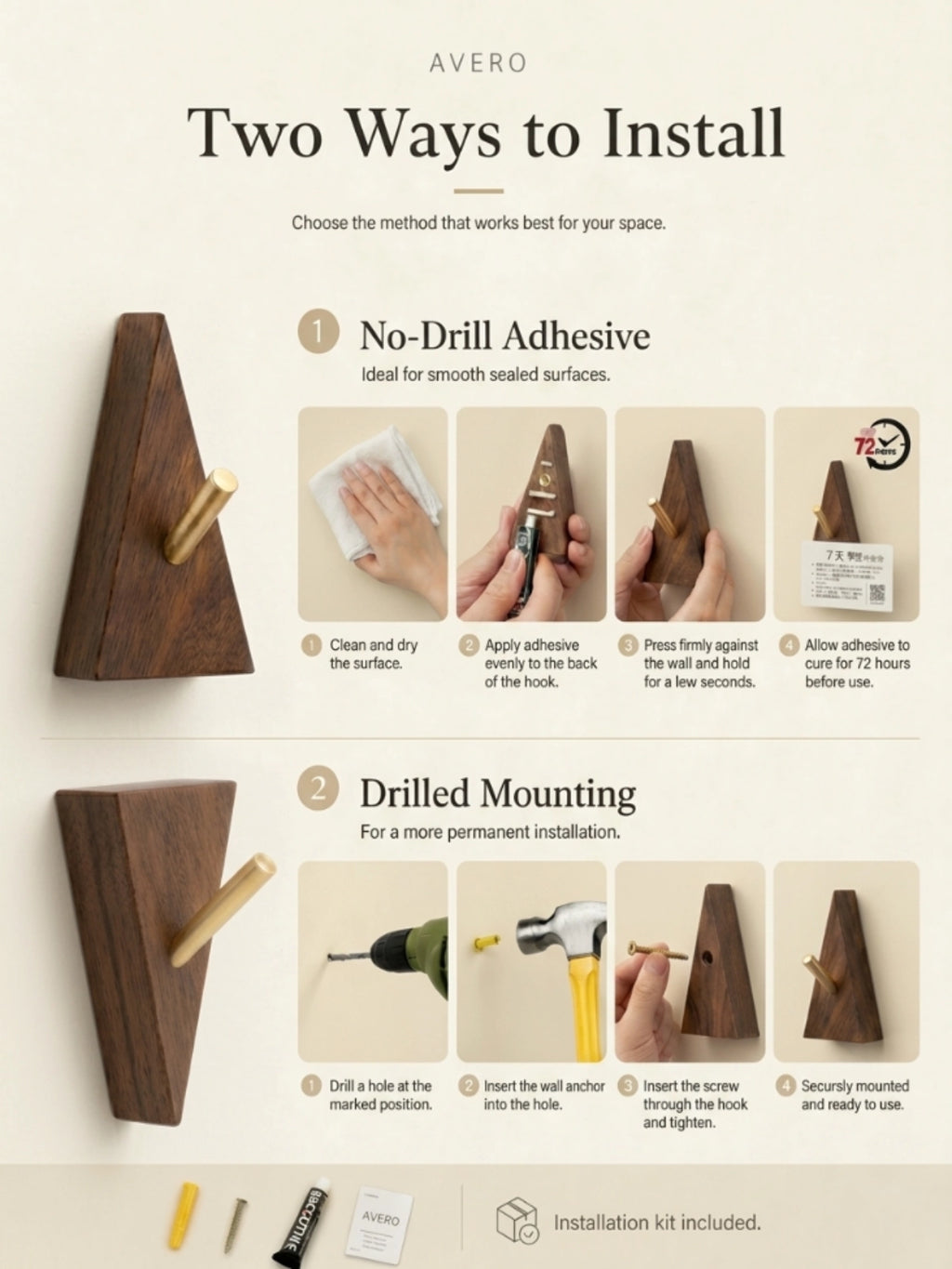 Geometric walnut and brass wall hooks four piece set