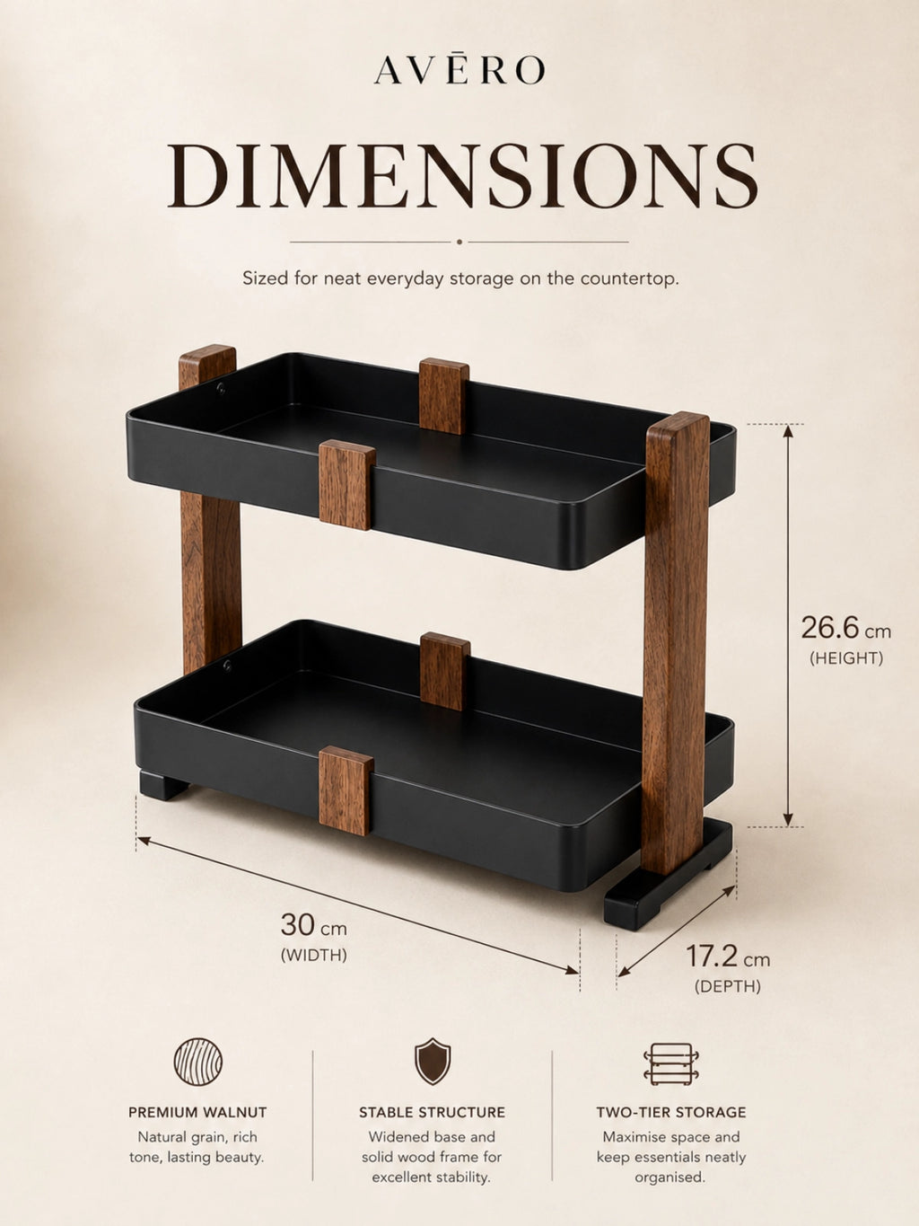 Two-tier walnut countertop organizer with black metal trays