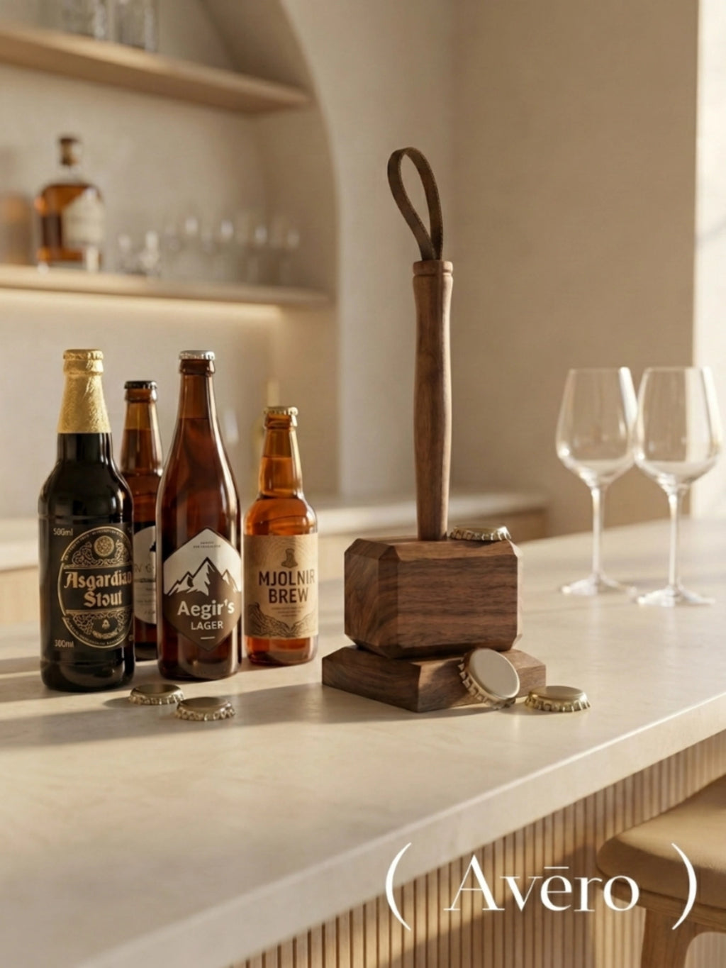 Magnetic wooden hammer bottle opener with display stand