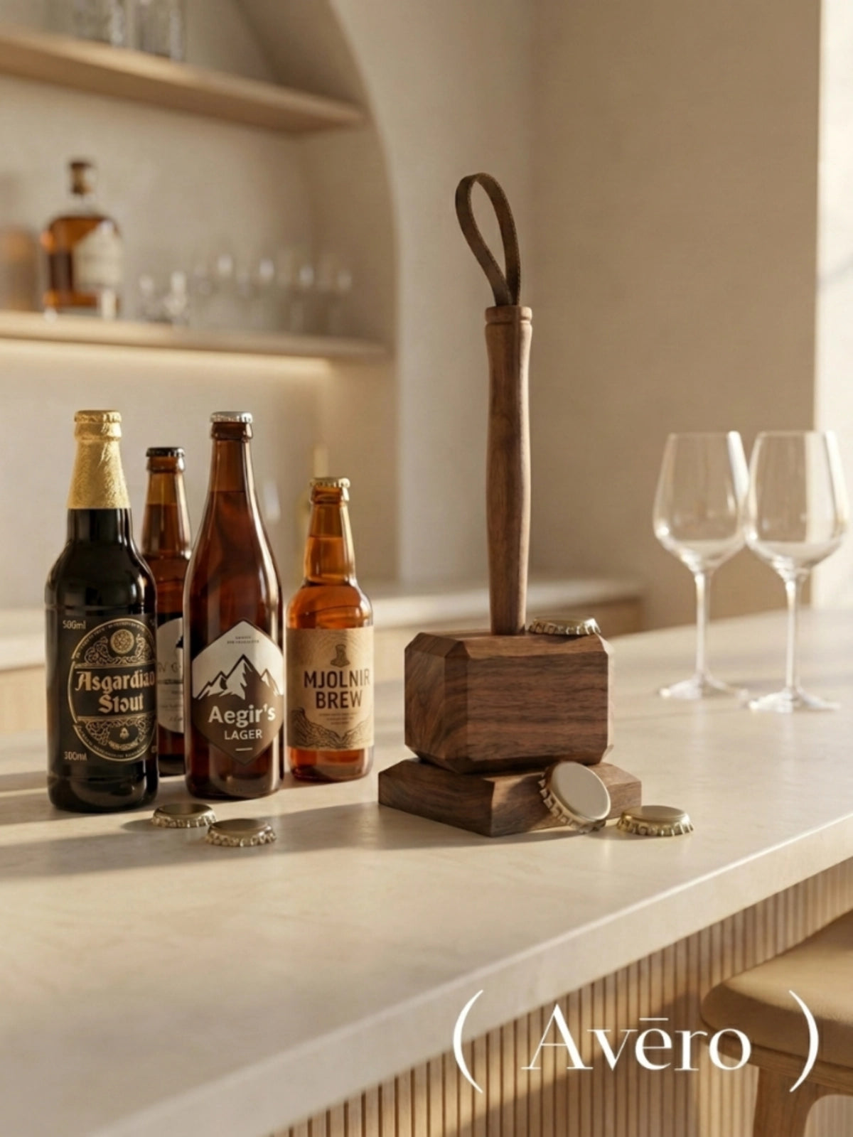 Magnetic wooden hammer bottle opener with display stand
