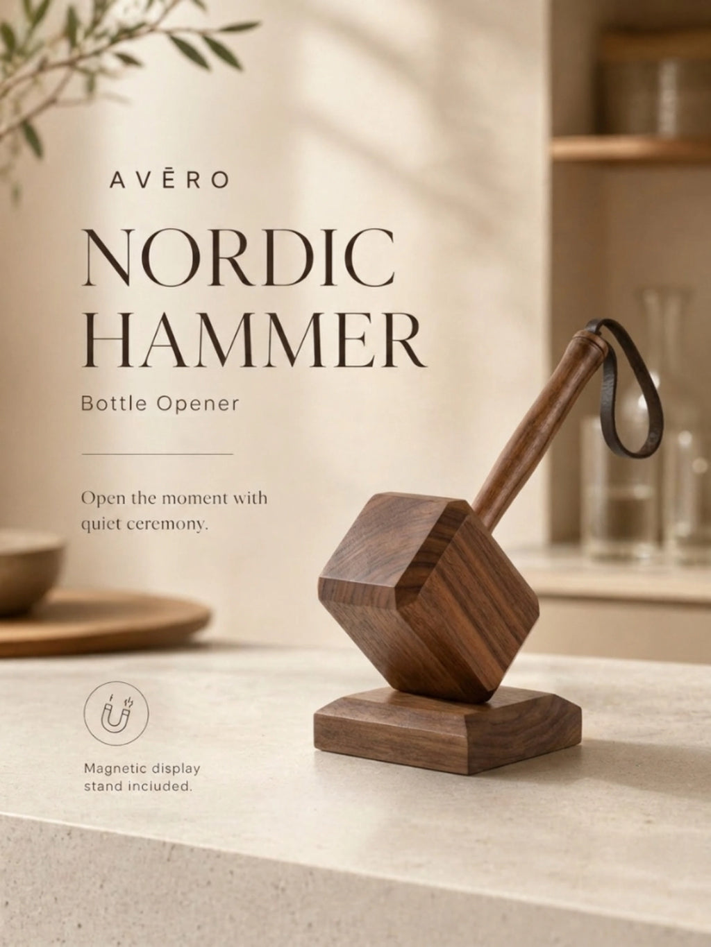 Magnetic wooden hammer bottle opener with display stand