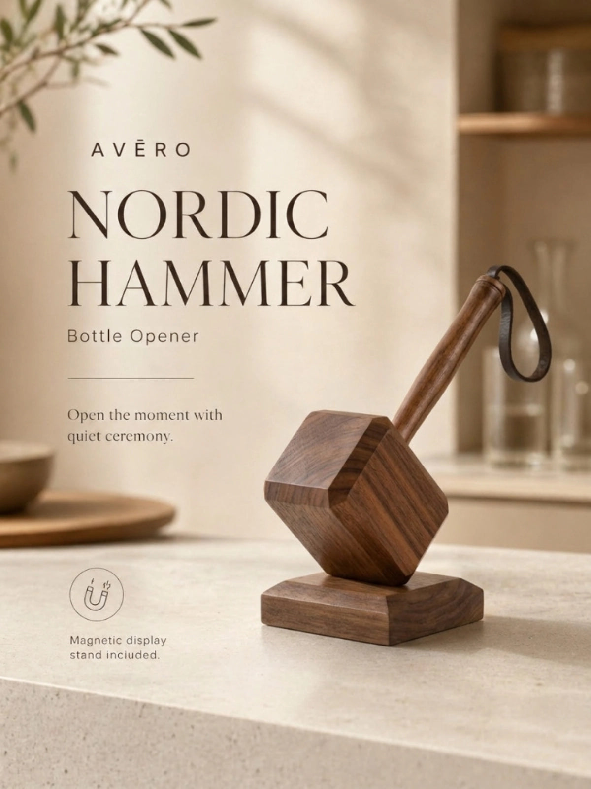 Magnetic wooden hammer bottle opener with display stand