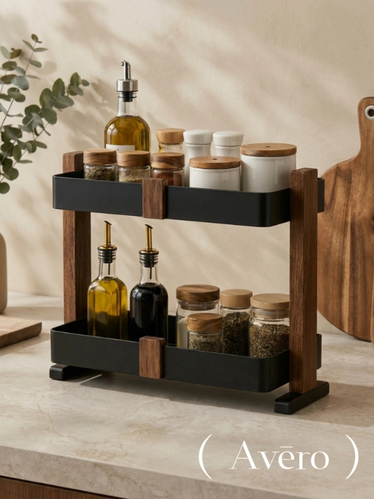 Two-tier walnut countertop organizer with black metal trays