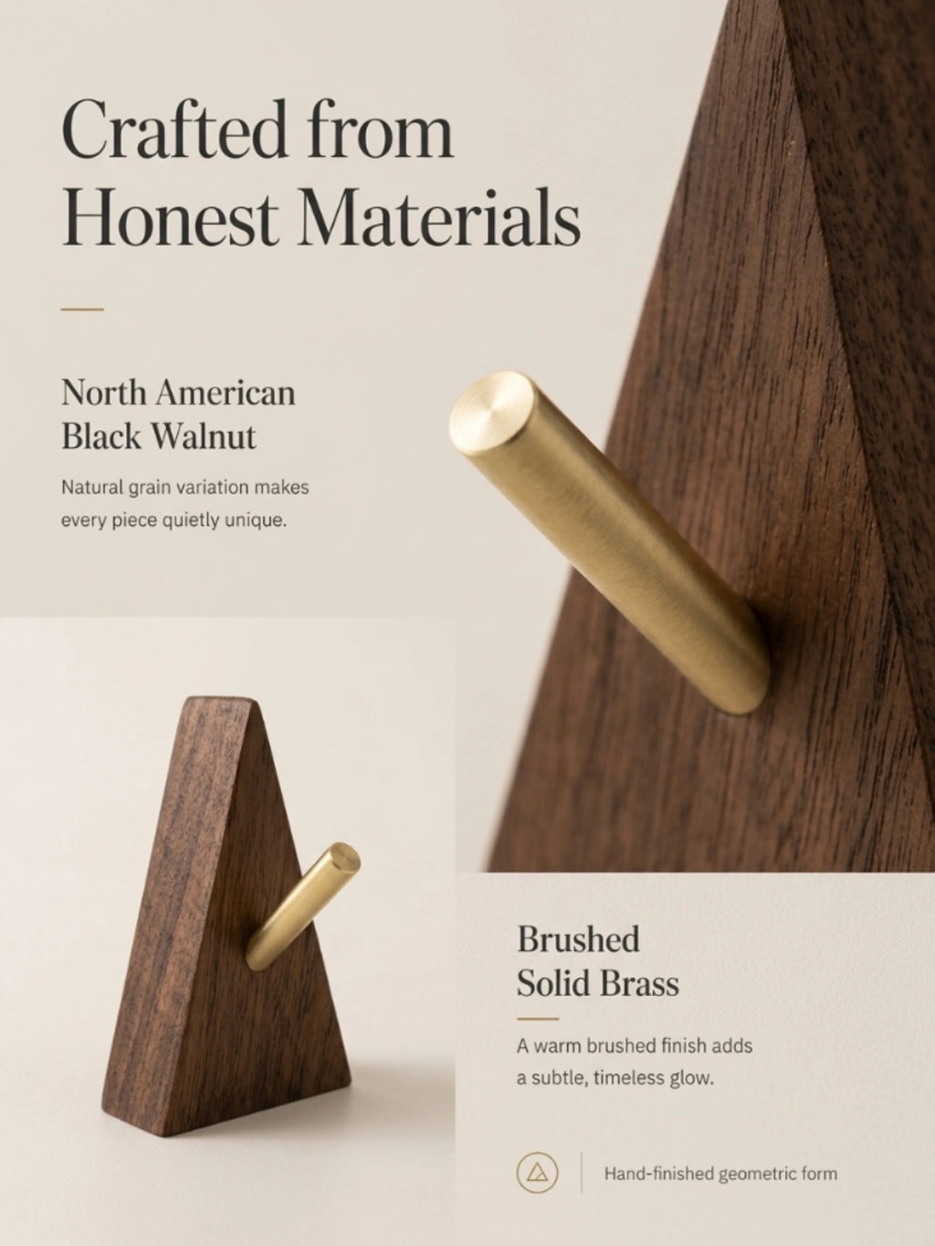 Geometric walnut and brass wall hooks four piece set
