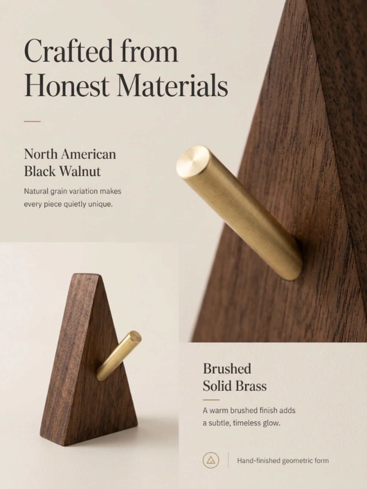 Geometric walnut and brass wall hooks four piece set