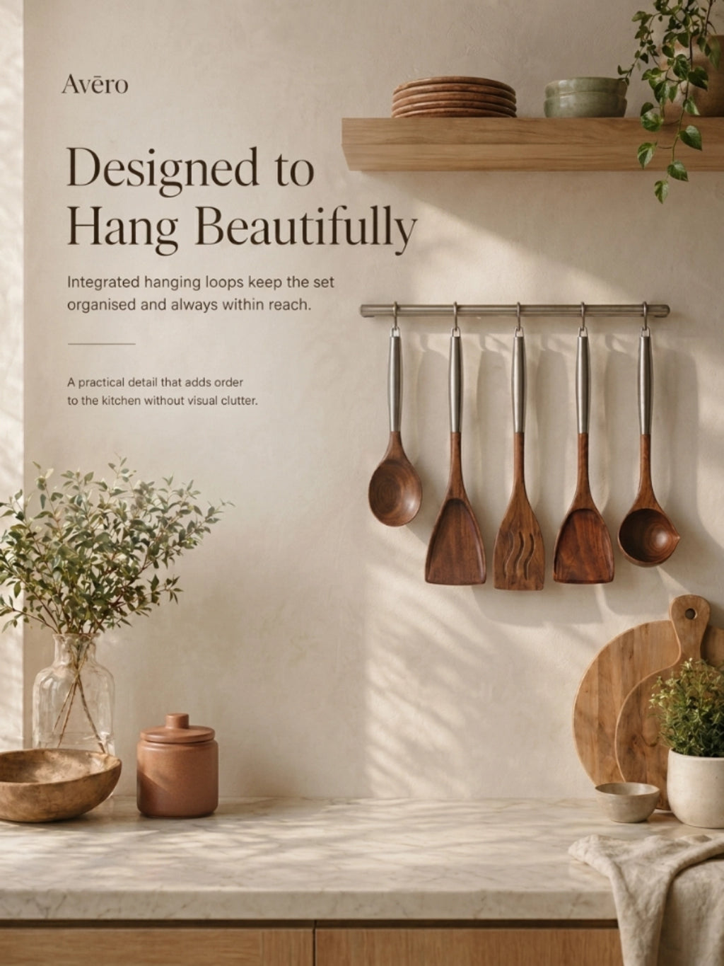 Walnut and stainless steel kitchen utensils set