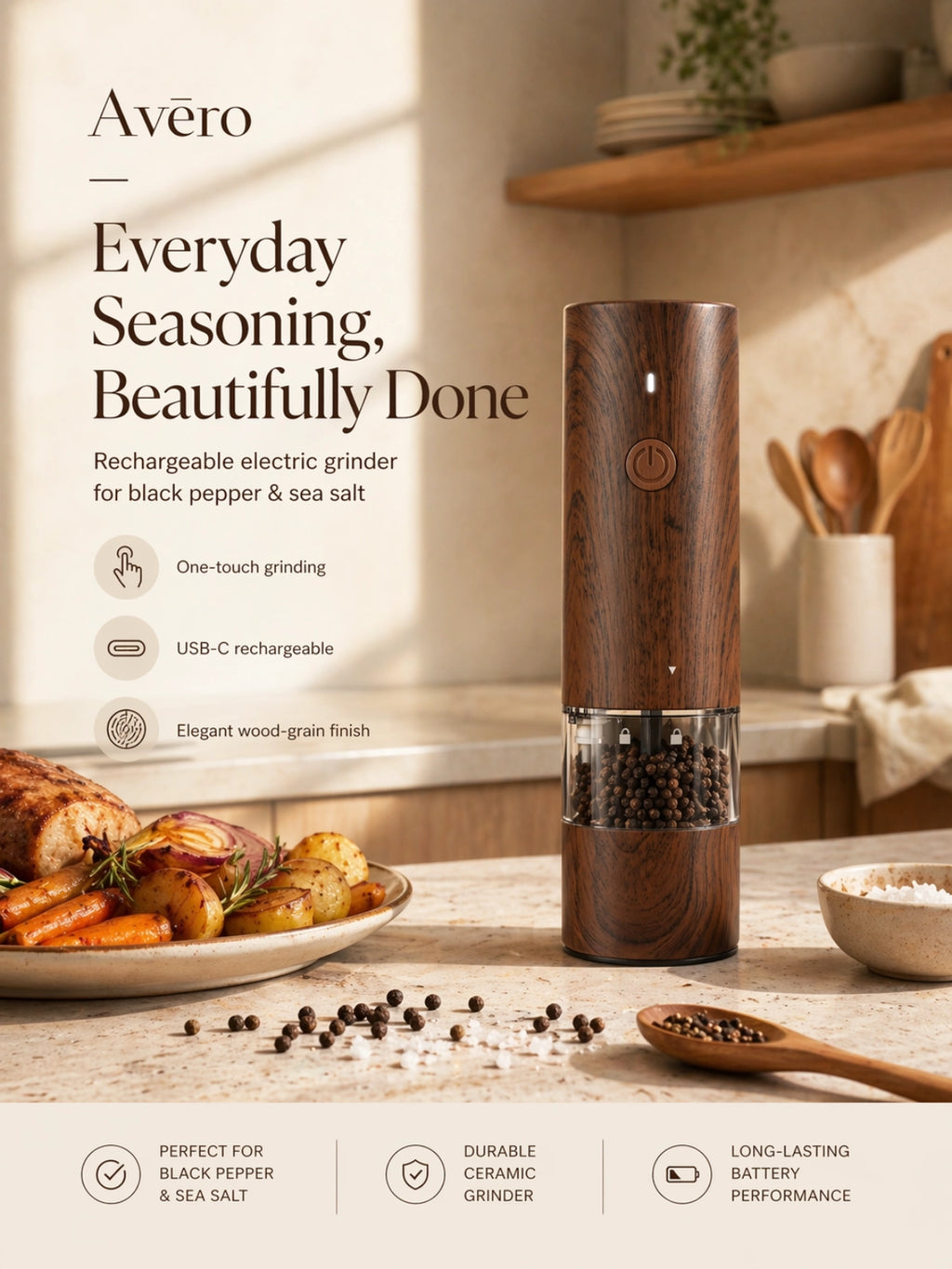 Rechargeable electric salt and pepper grinder with LED light