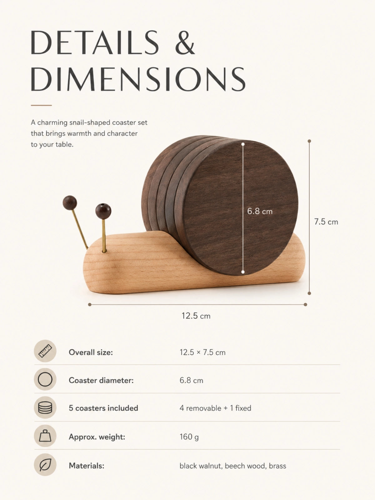 Magnetic walnut wood coaster set in snail holder
