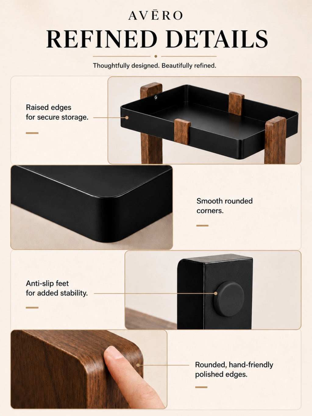 Two-tier walnut countertop organizer with black metal trays