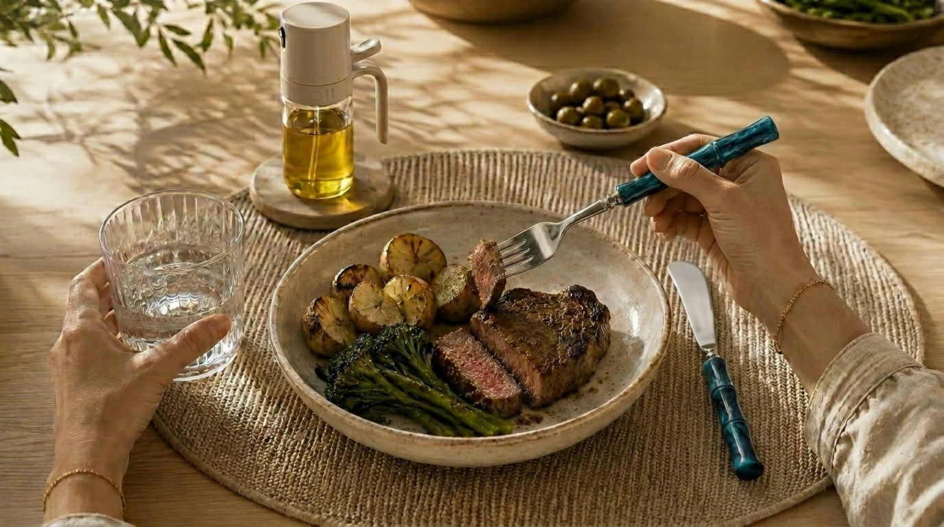 Person enjoying a meal with steak, vegetables, and a glass of water on a wooden table.