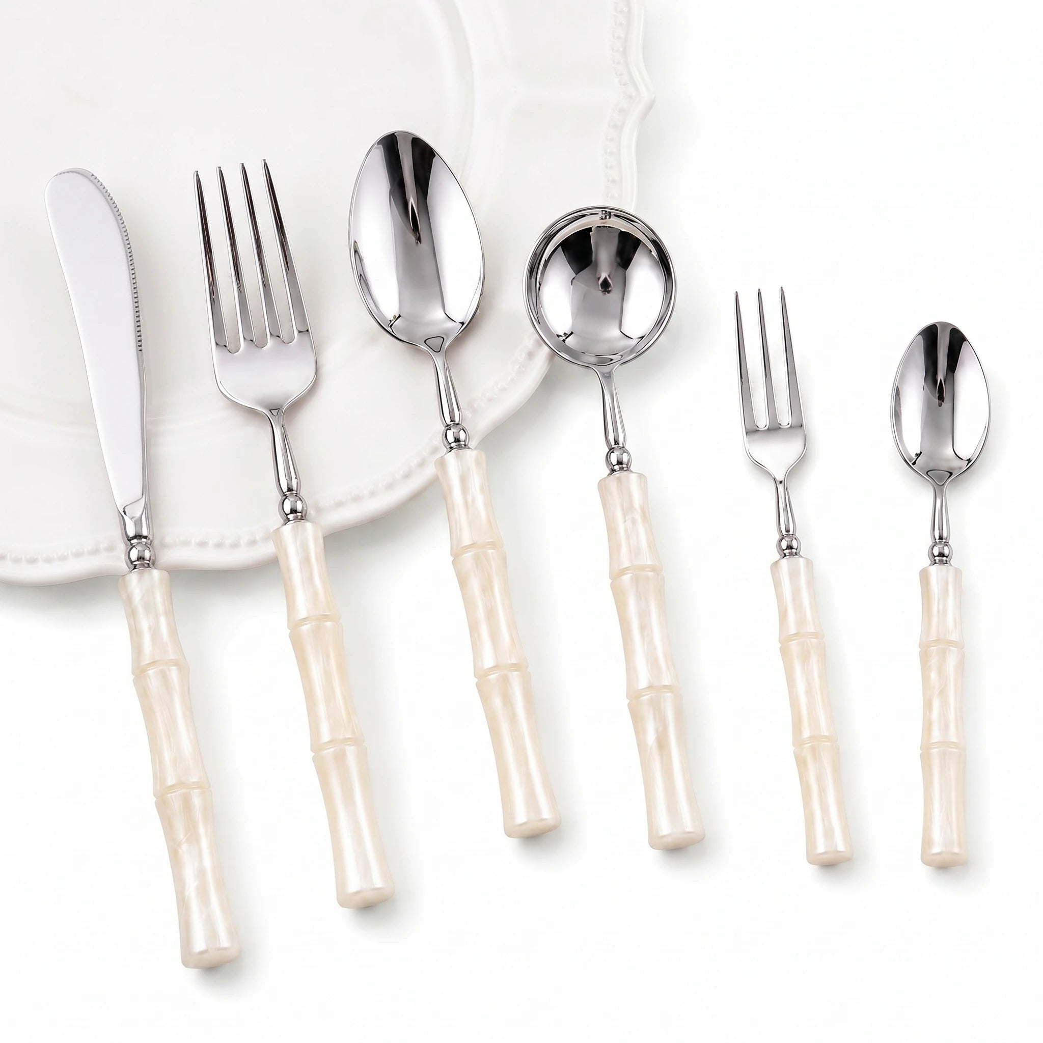 Pearl White Acrylic Bamboo-Shape Cutlery Set — 6 Piece