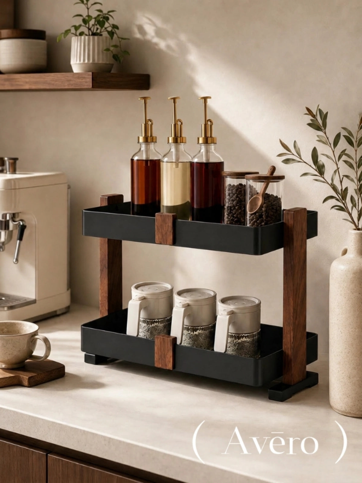 Two-tier walnut countertop organizer with black metal trays