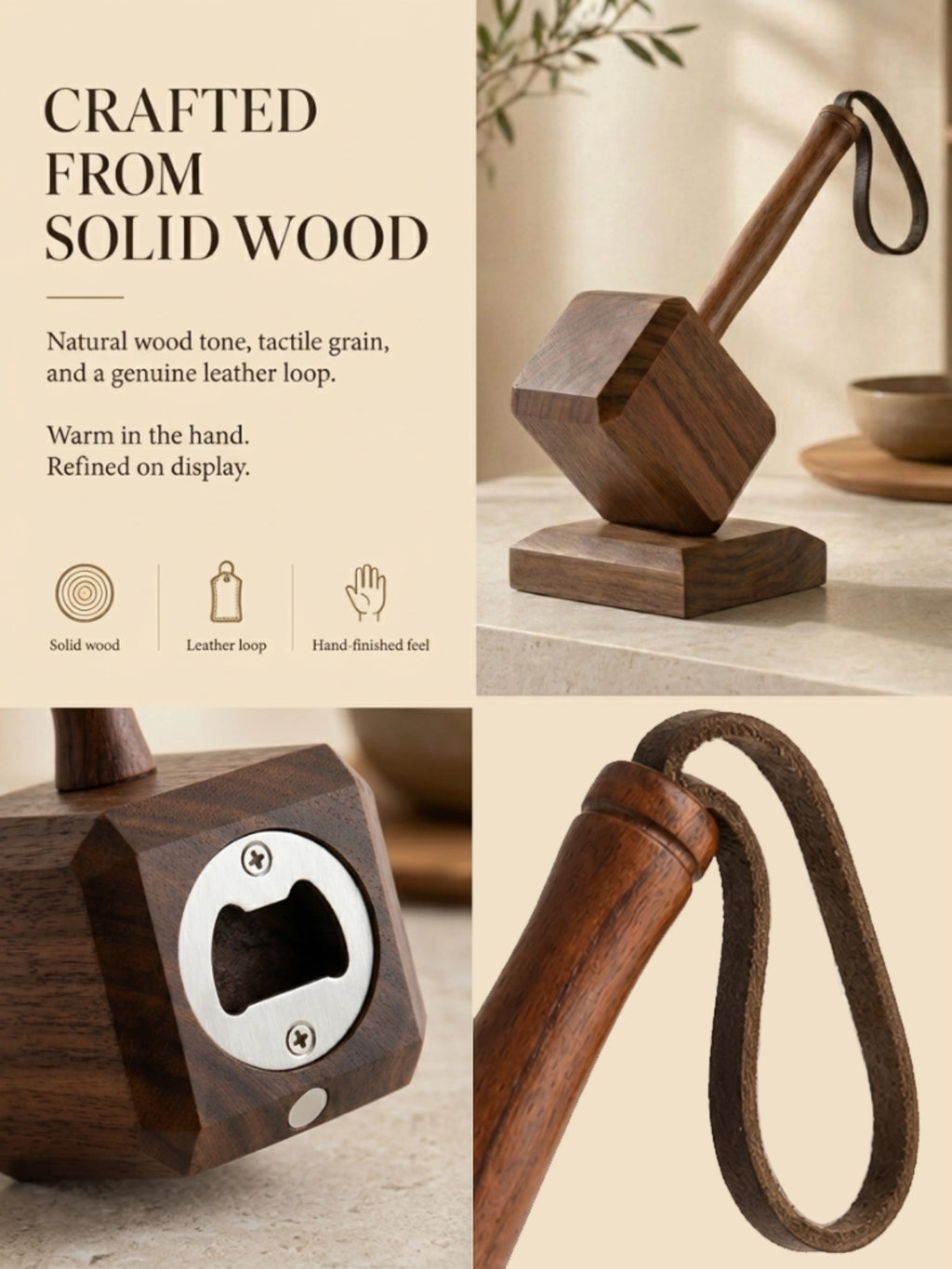 Magnetic wooden hammer bottle opener with display stand