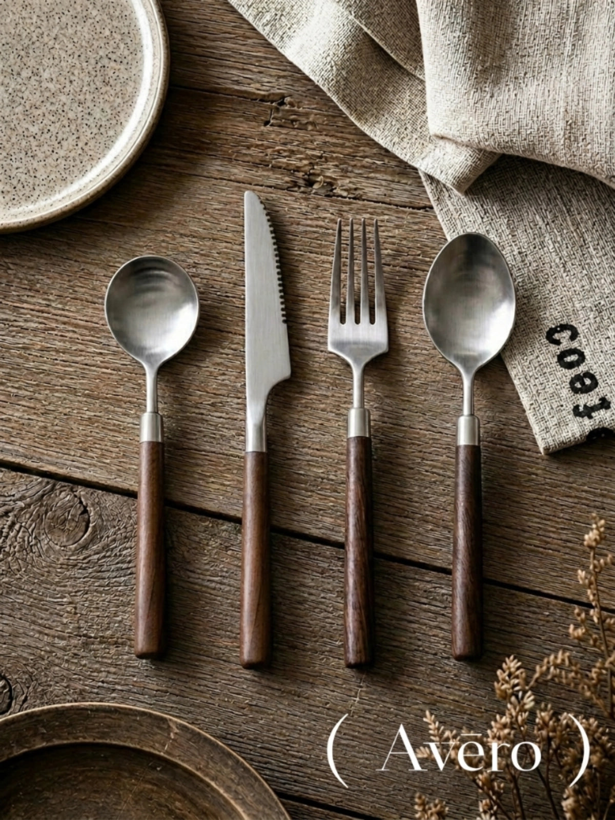 Black walnut handle cutlery set with brushed stainless steel