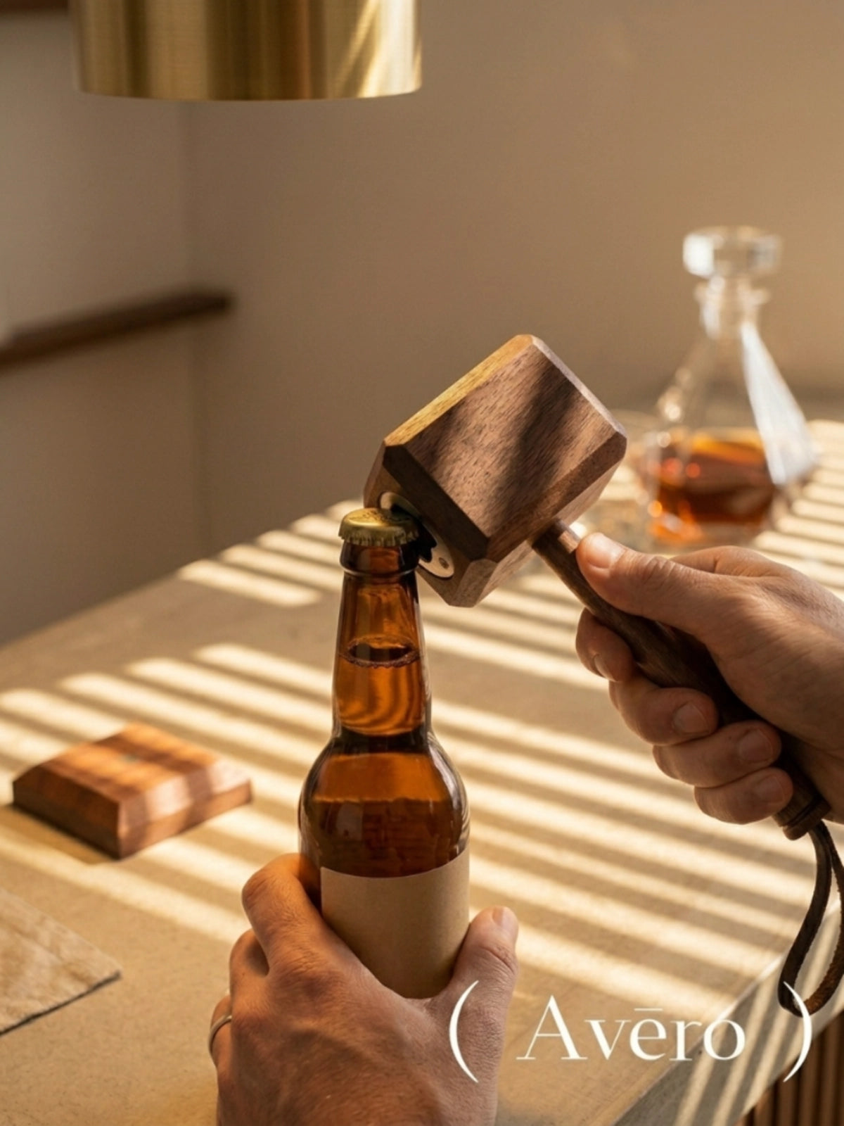 Magnetic wooden hammer bottle opener with display stand