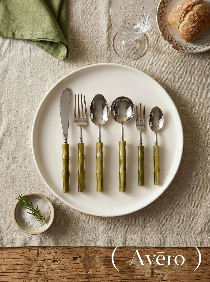 Olive Acrylic Bamboo-Shape Cutlery Set — 6 Piece