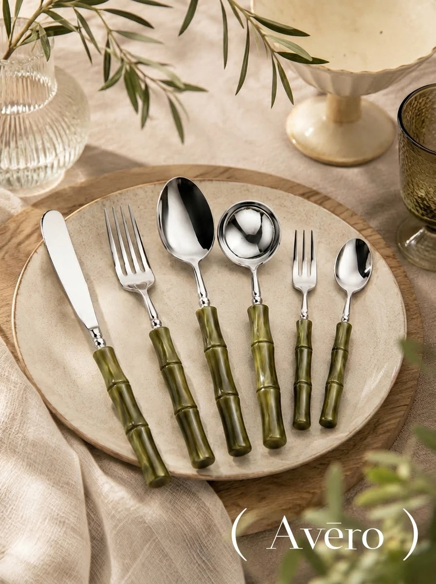 Olive Acrylic Bamboo-Shape Cutlery Set — 6 Piece