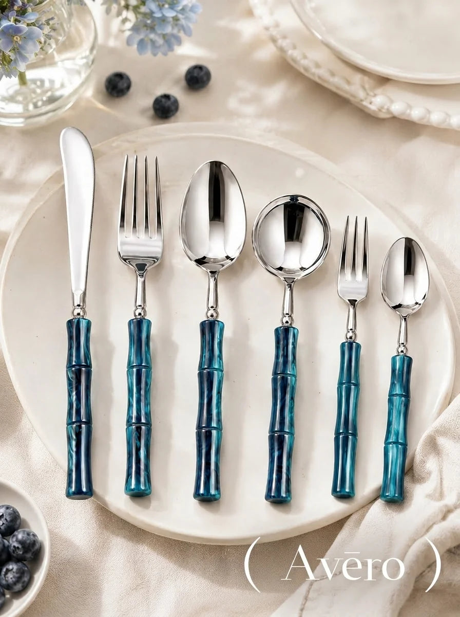 Peacock Blue Acrylic Bamboo-Shape Cutlery Set — 6 Piece