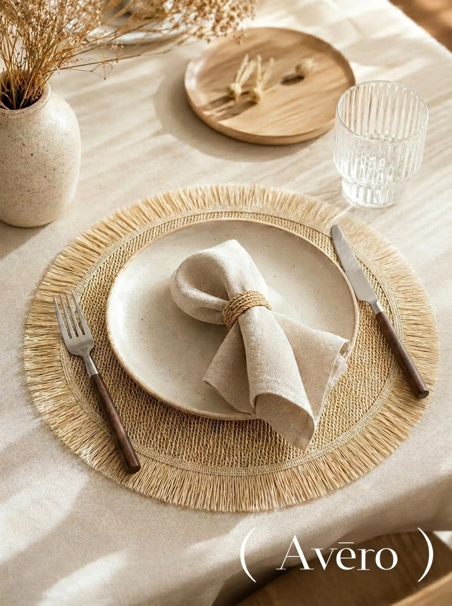 Round Woven Paper Placemat with Fringed Edge – Camel, Beige, Green