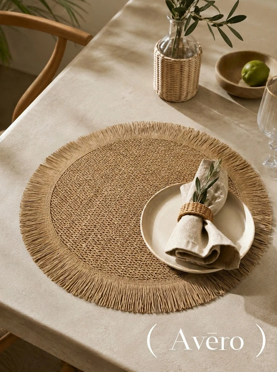 Round Woven Paper Placemat with Fringed Edge – Camel, Beige, Green