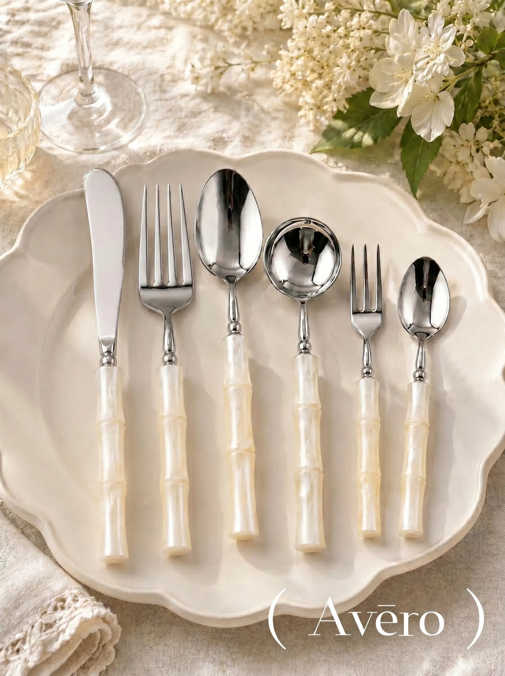Pearl White Acrylic Bamboo-Shape Cutlery Set — 6 Piece