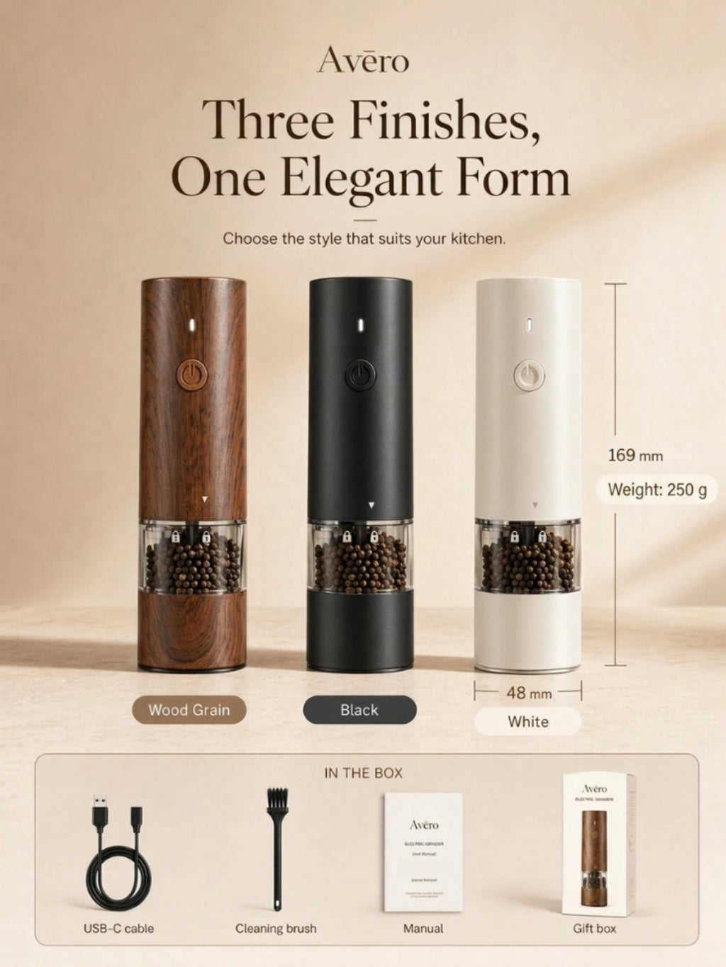 Rechargeable electric salt and pepper grinder with LED light