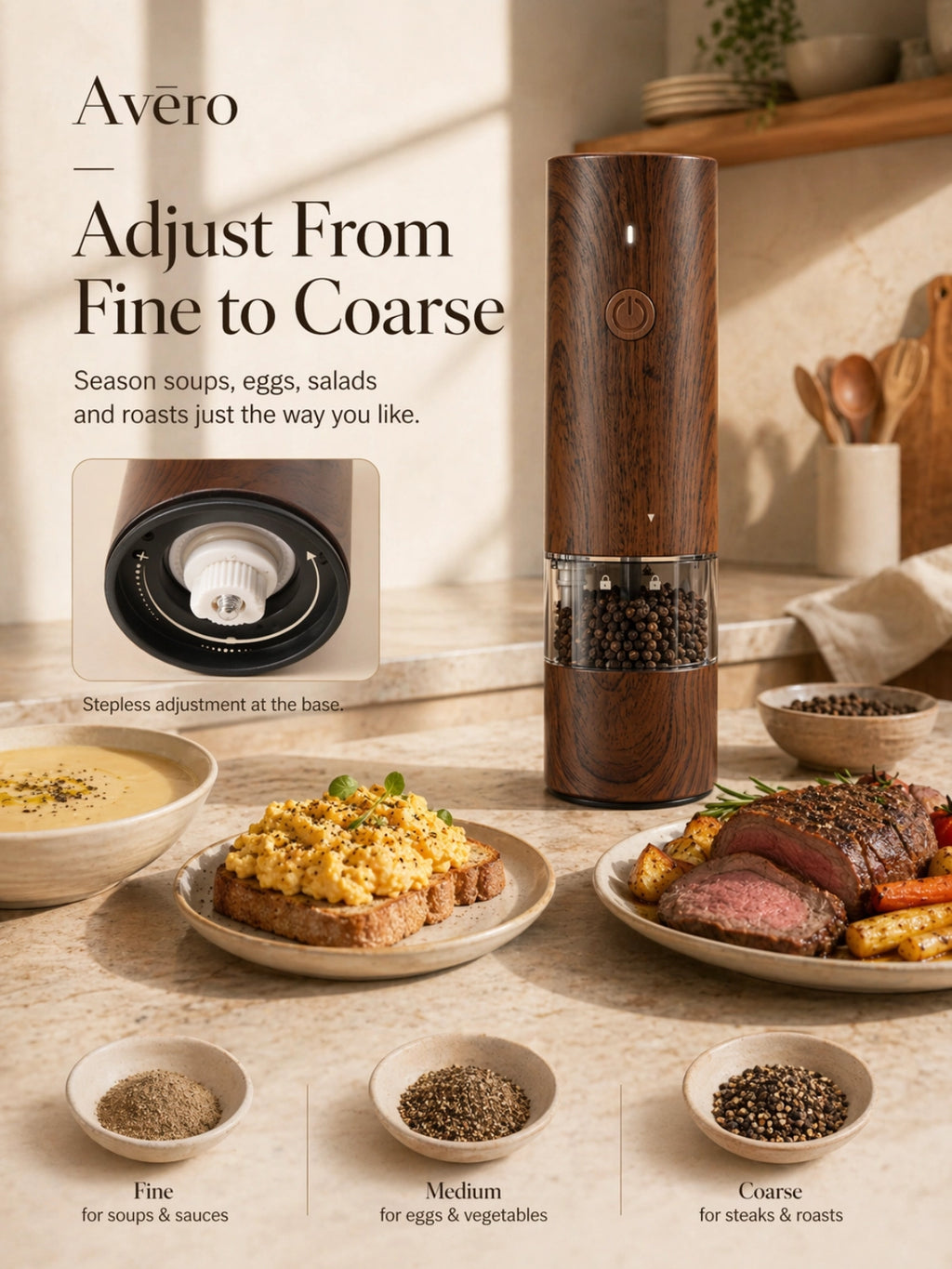 Rechargeable electric salt and pepper grinder with LED light