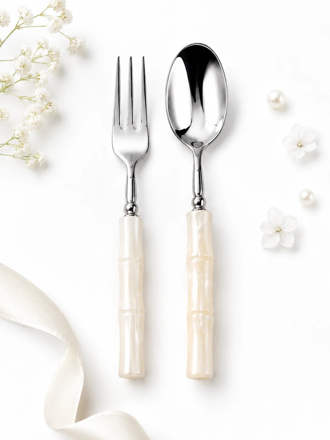 Pearl White Acrylic Bamboo-Shape Cutlery Set — 6 Piece