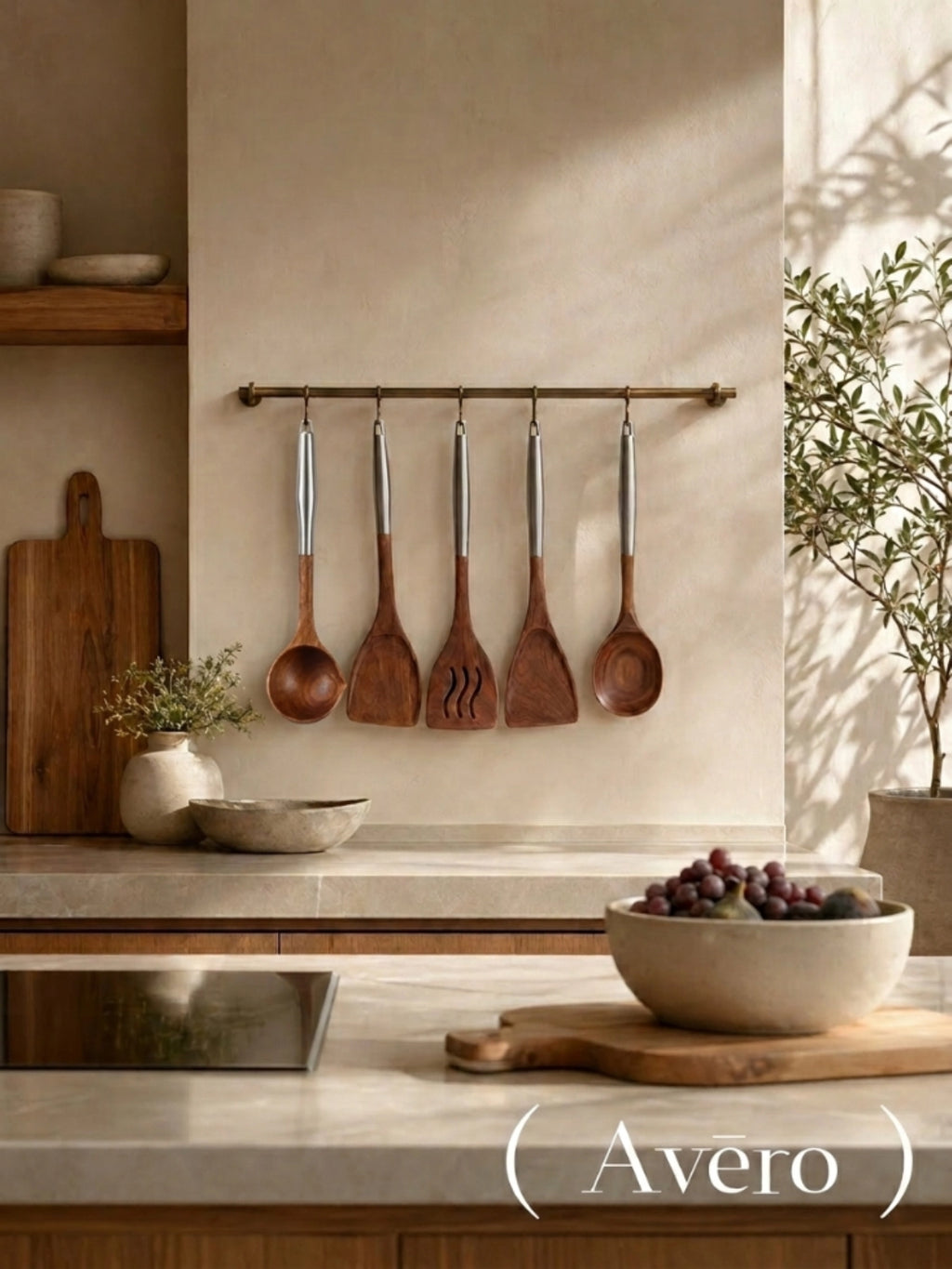 Walnut and stainless steel kitchen utensils set