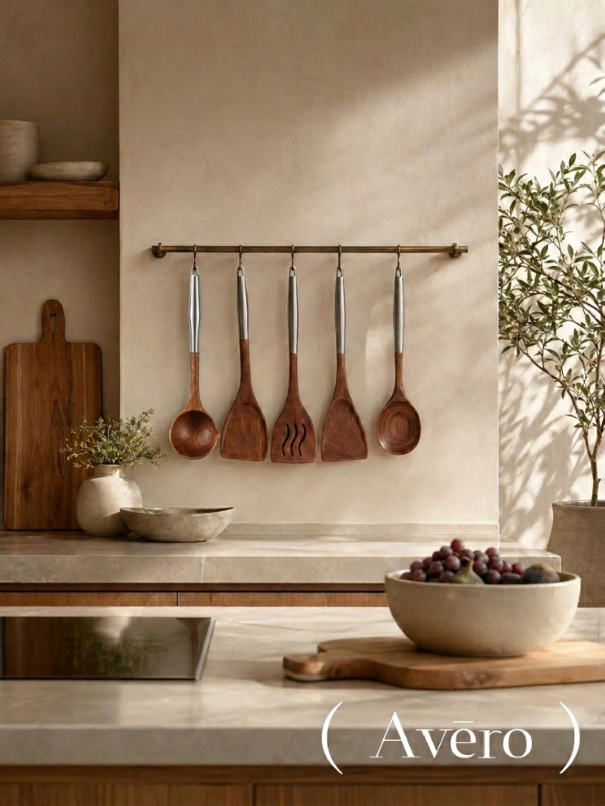 Walnut and stainless steel kitchen utensils set
