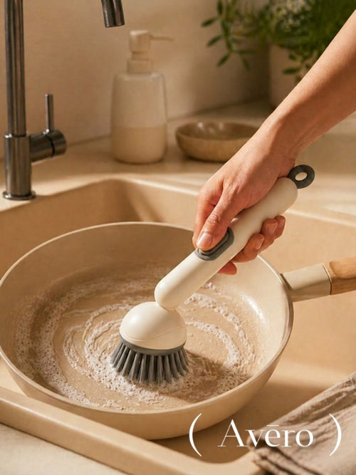 Adjustable soap dispensing dish brush with refillable handle
