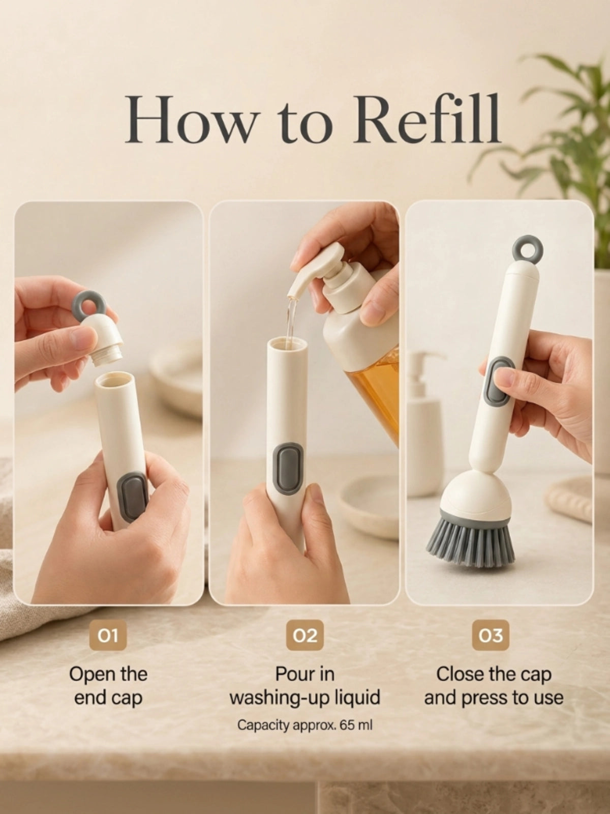 Adjustable soap dispensing dish brush with refillable handle