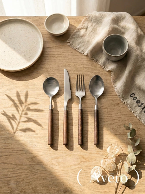 Black walnut handle cutlery set with brushed stainless steel