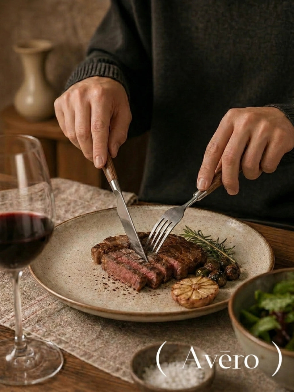 Black walnut handle cutlery set with brushed stainless steel