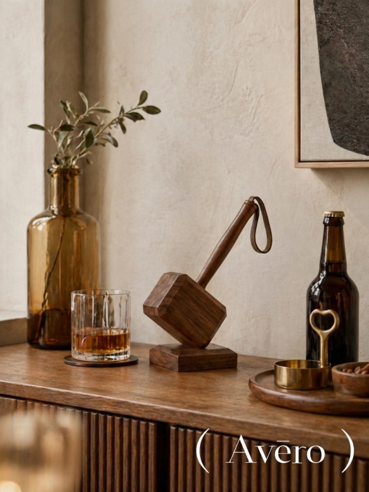 Magnetic wooden hammer bottle opener with display stand