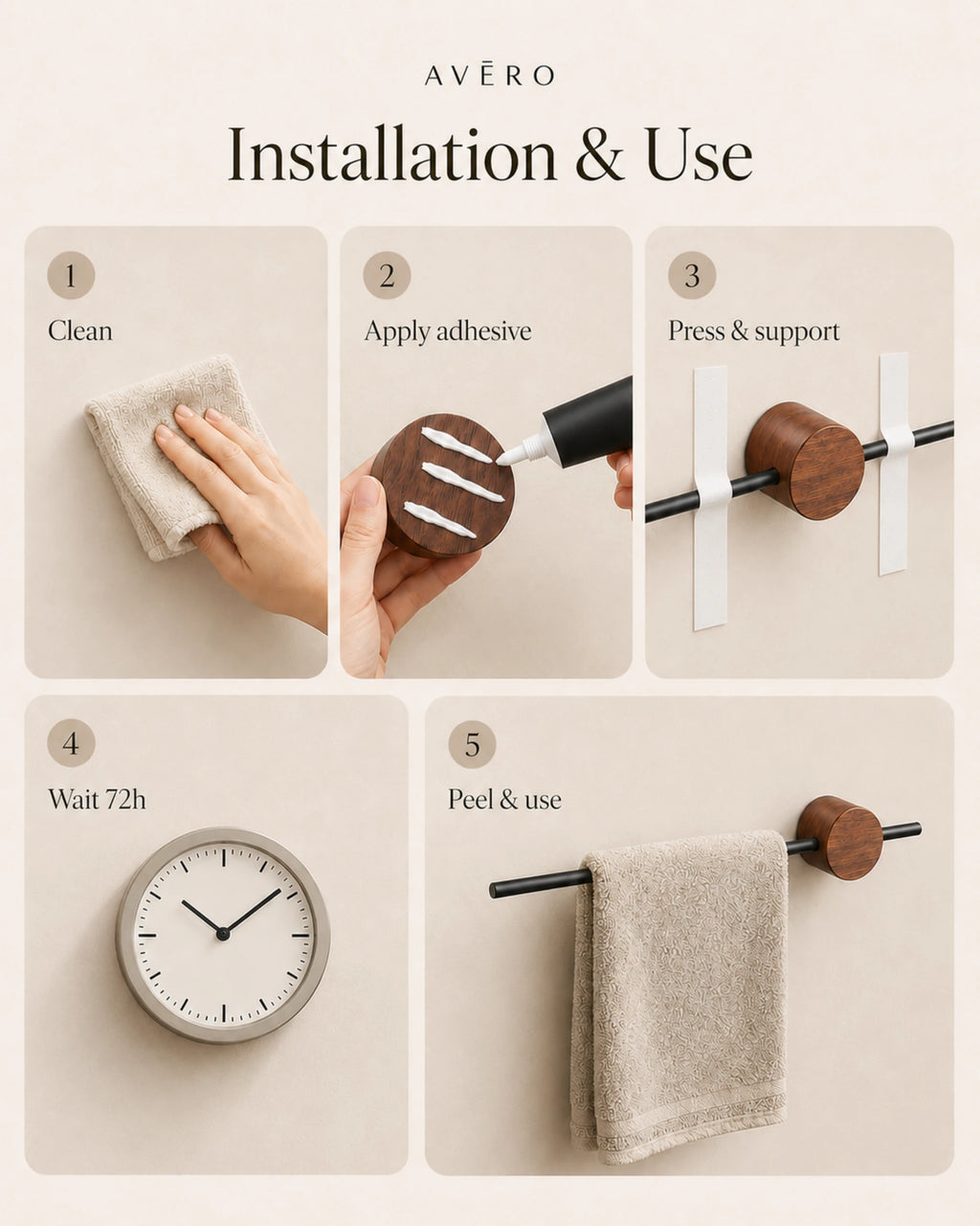 Adjustable walnut towel bar with black wall mount