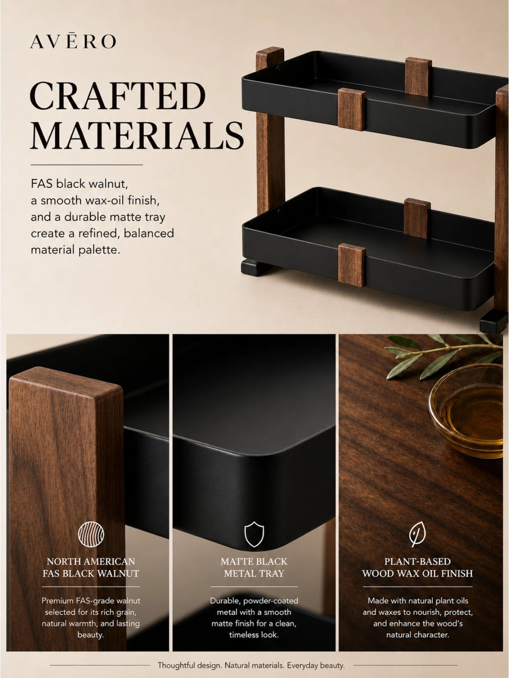 Two-tier walnut countertop organizer with black metal trays