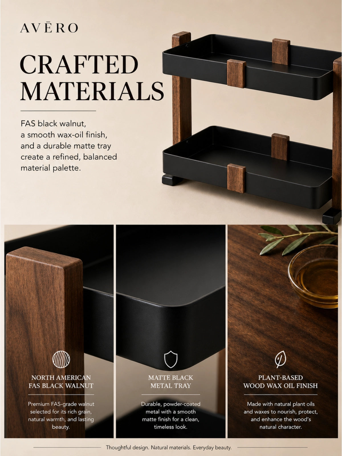 Two-tier walnut countertop organizer with black metal trays