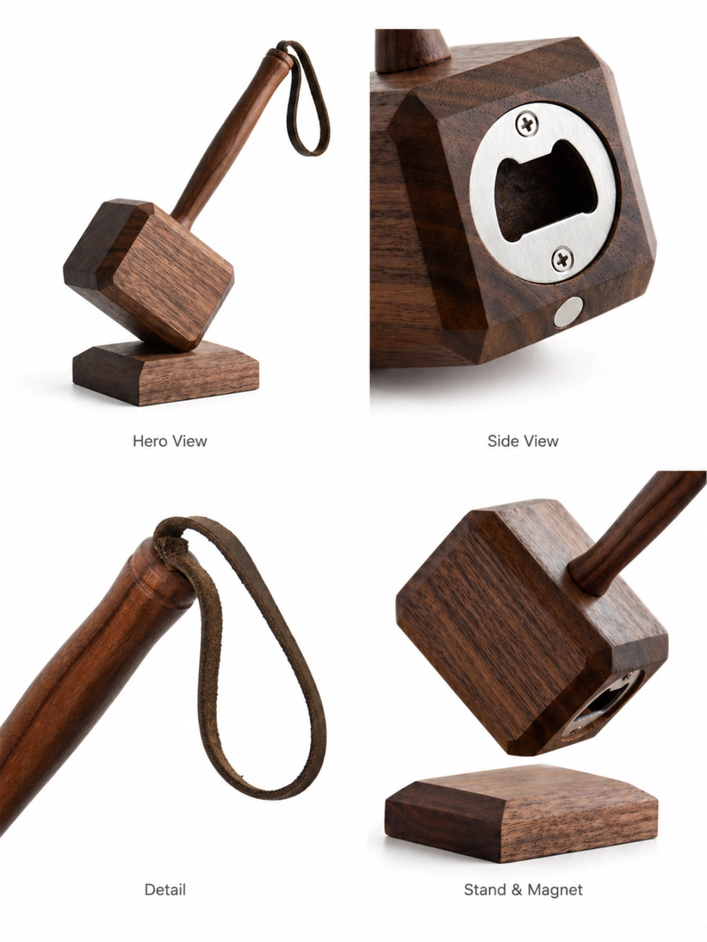 Magnetic wooden hammer bottle opener with display stand