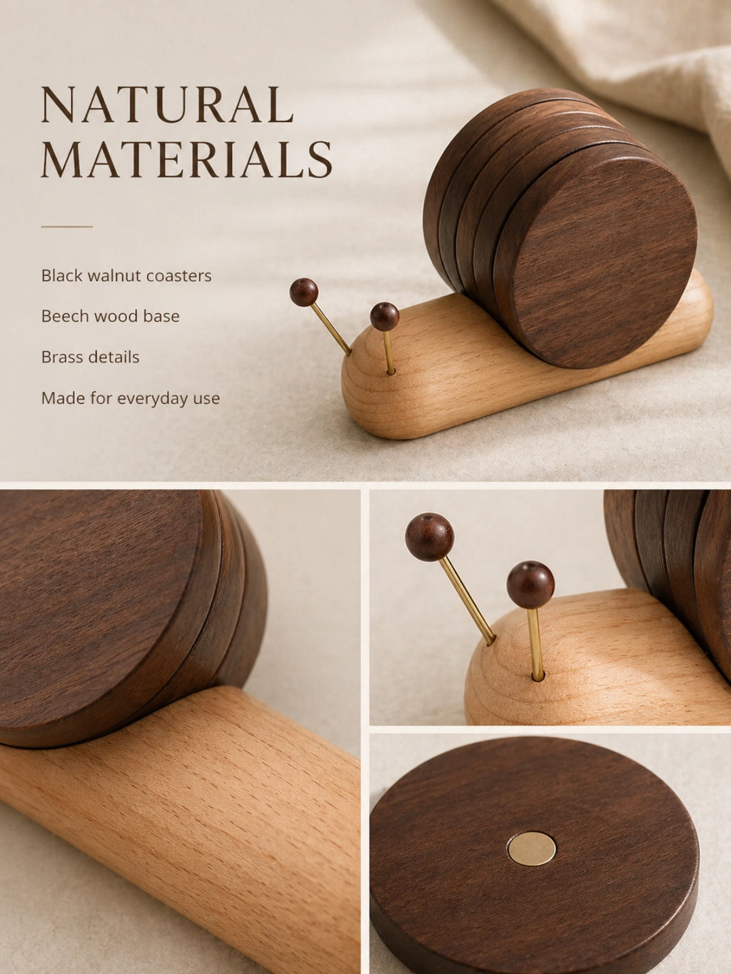 Magnetic walnut wood coaster set in snail holder