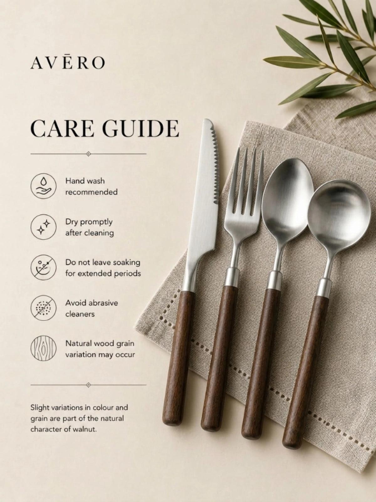 Black walnut handle cutlery set with brushed stainless steel