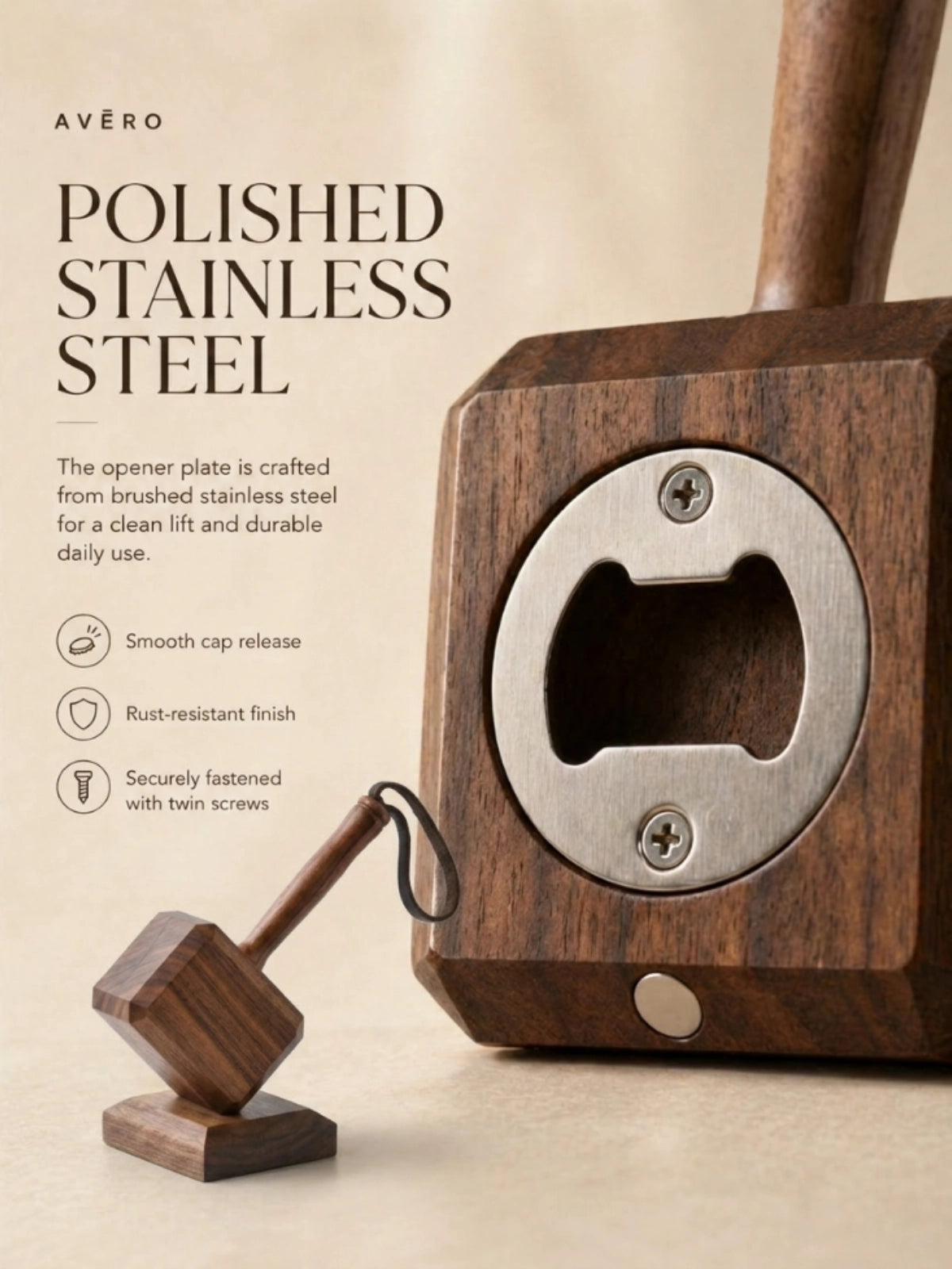 Magnetic wooden hammer bottle opener with display stand