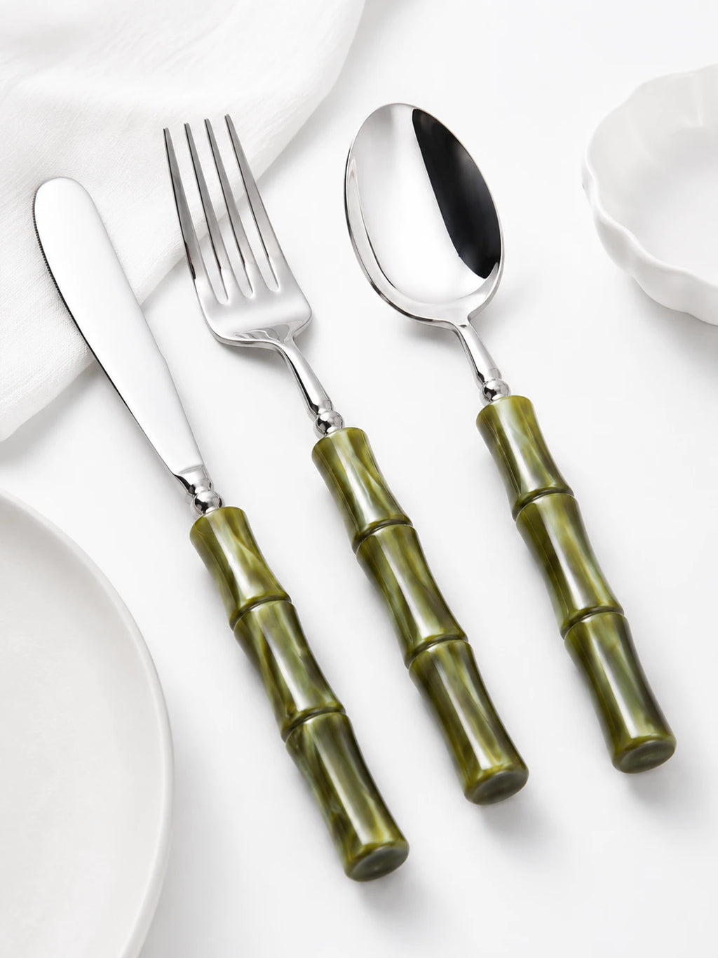 Olive Acrylic Bamboo-Shape Cutlery Set — 6 Piece