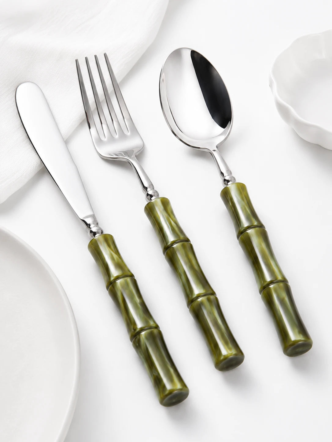 Olive Acrylic Bamboo-Shape Cutlery Set — 6 Piece