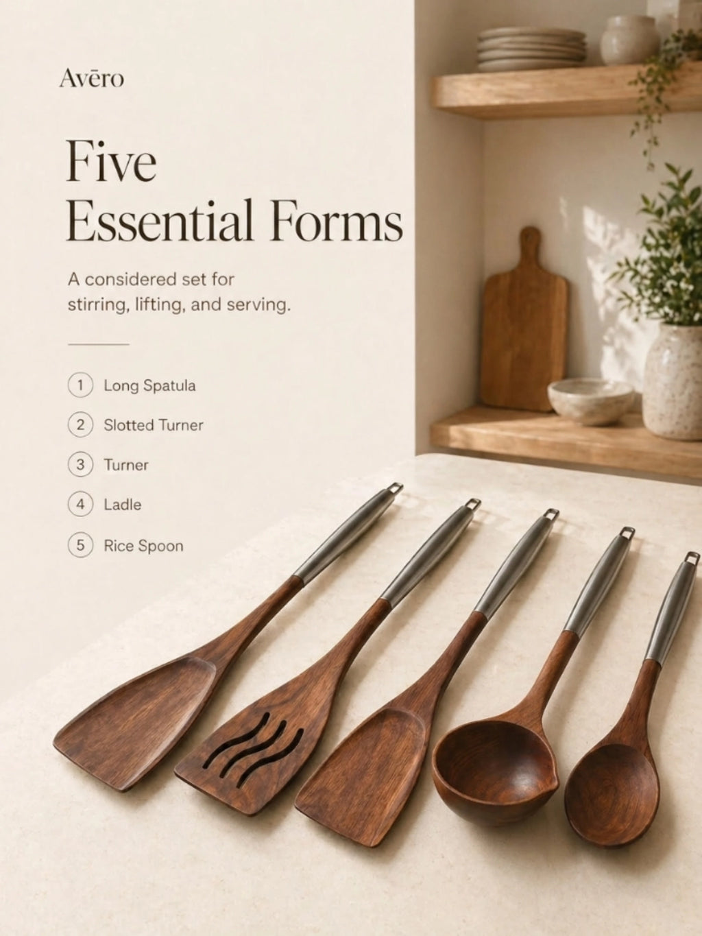 Walnut and stainless steel kitchen utensils set