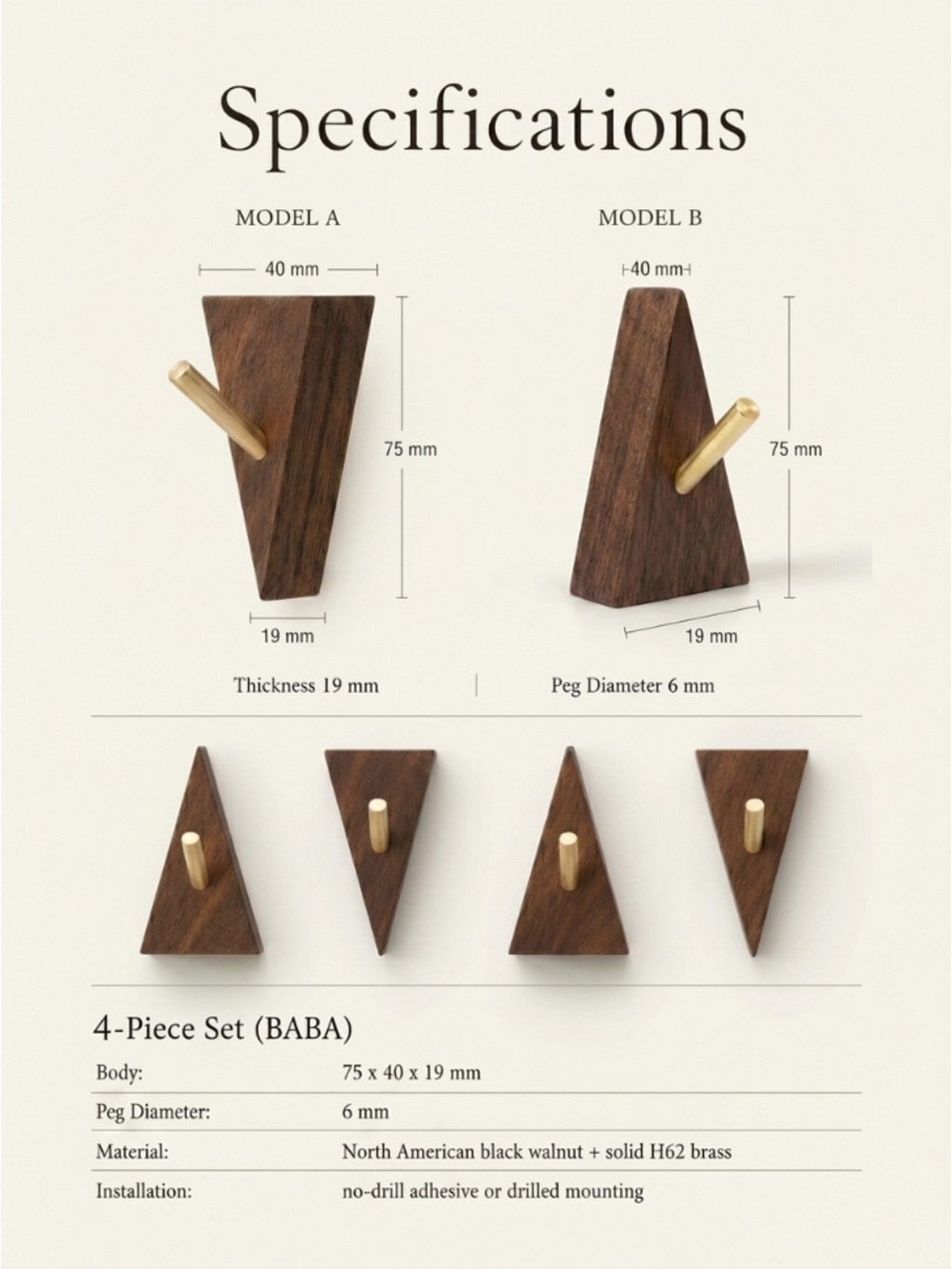 Geometric walnut and brass wall hooks four piece set