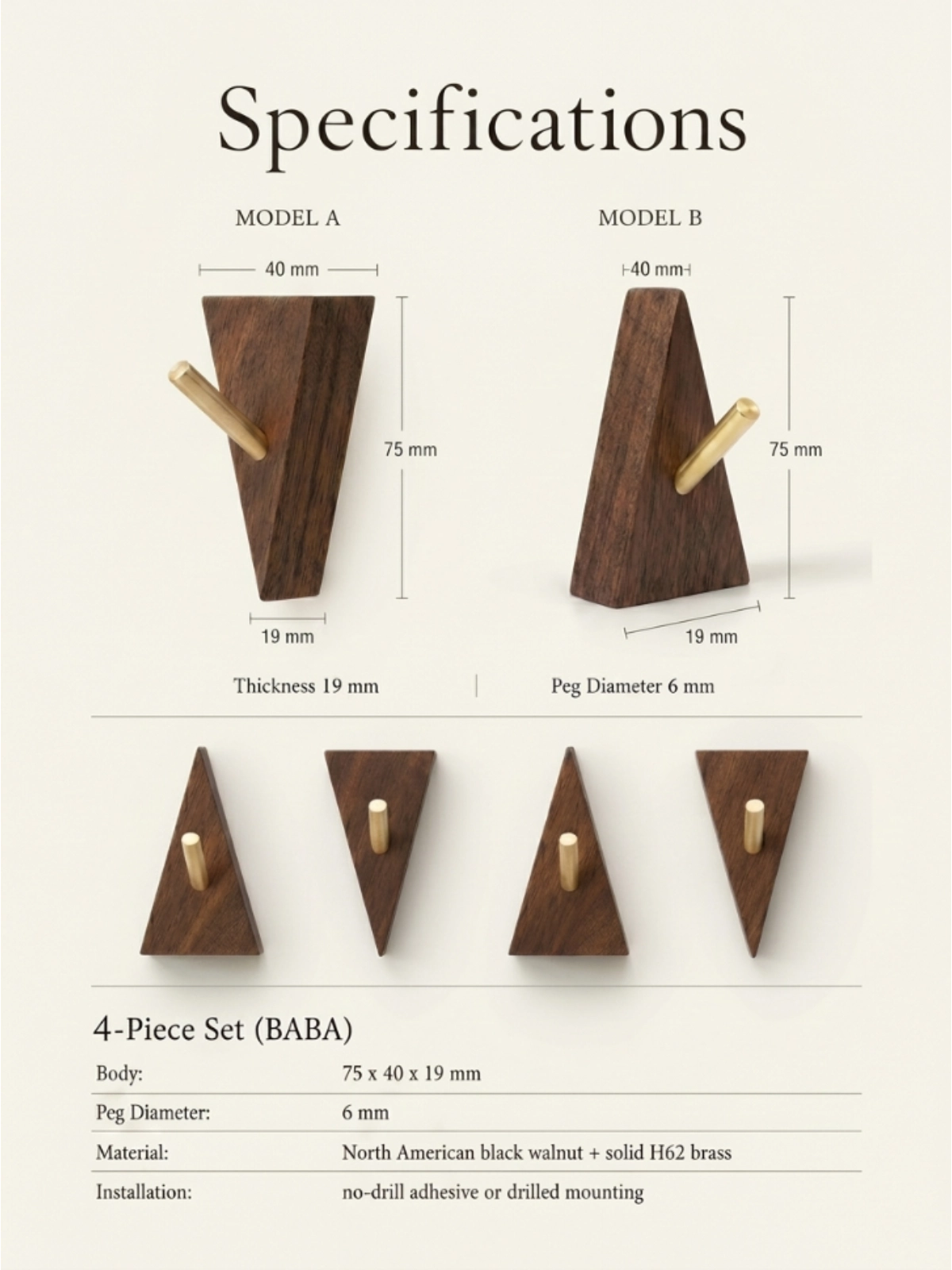 Geometric walnut and brass wall hooks four piece set