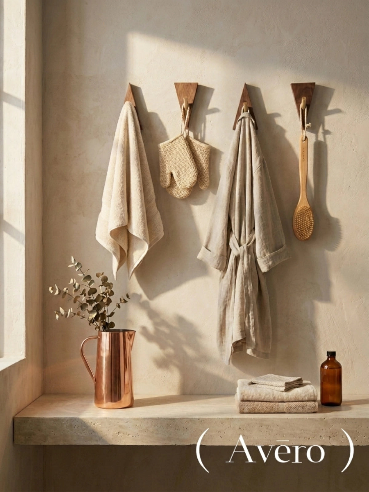 Geometric walnut and brass wall hooks four piece set