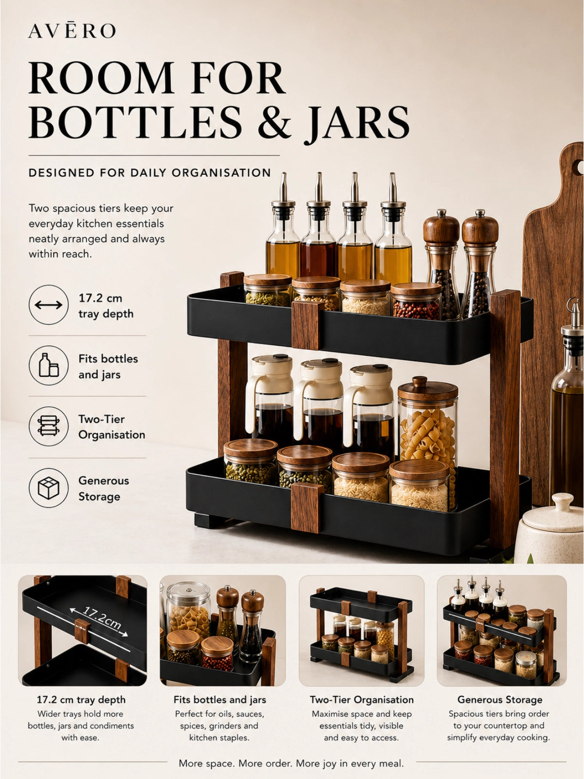 Two-tier walnut countertop organizer with black metal trays
